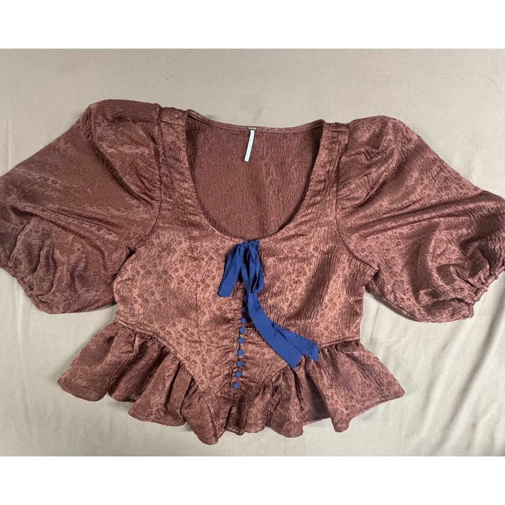 Free People Jacquard Puff Sleeve Blouse Orange-Bow Accent Scoop Neck Size Medium